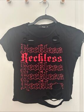 Papaya Black Short Sleeve Tee with Red 'Reckless' Repeat Graphic